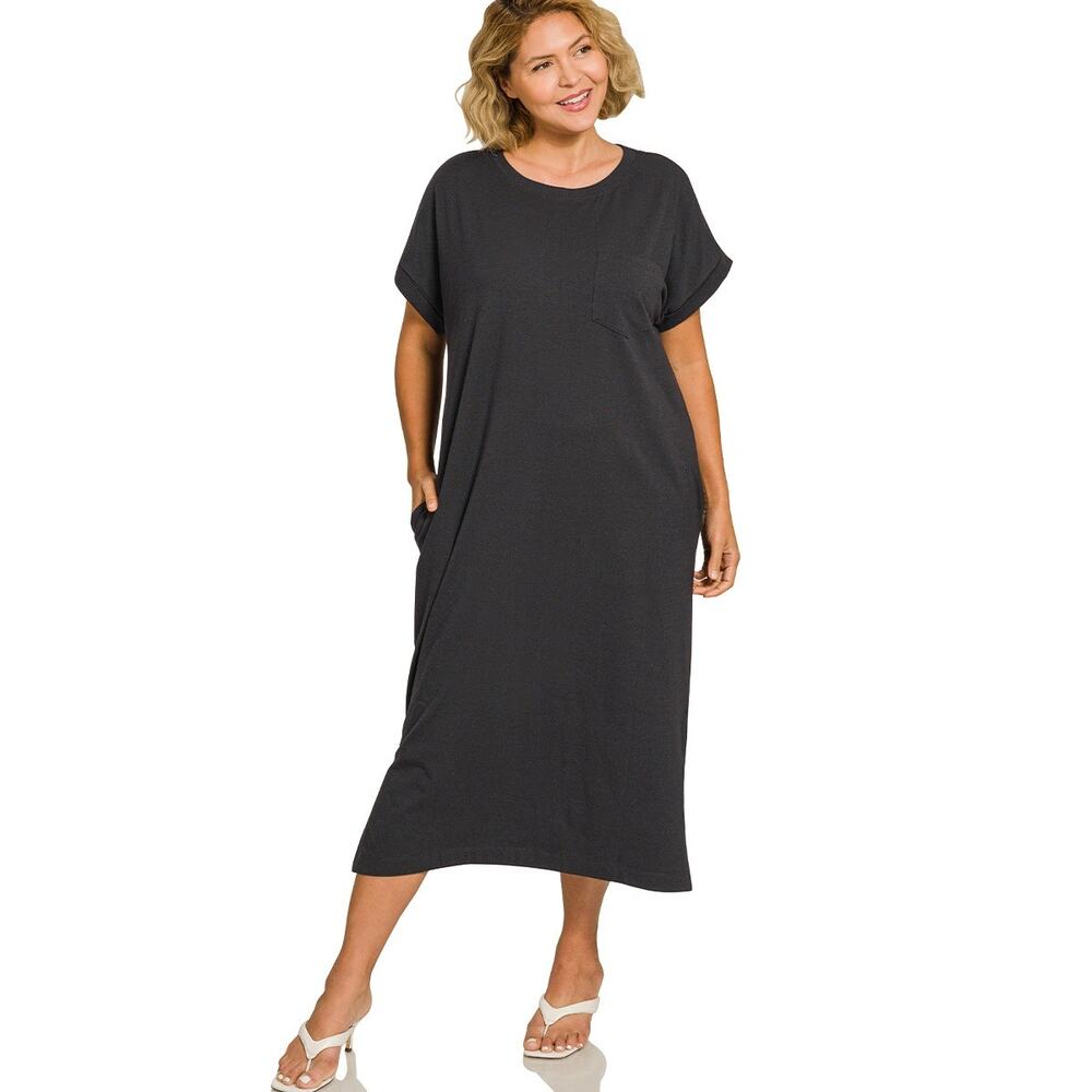 ZENANA WOMEN'S BLACK ROUND NECK SHORT SLEEVE MIDI DRESS NEW